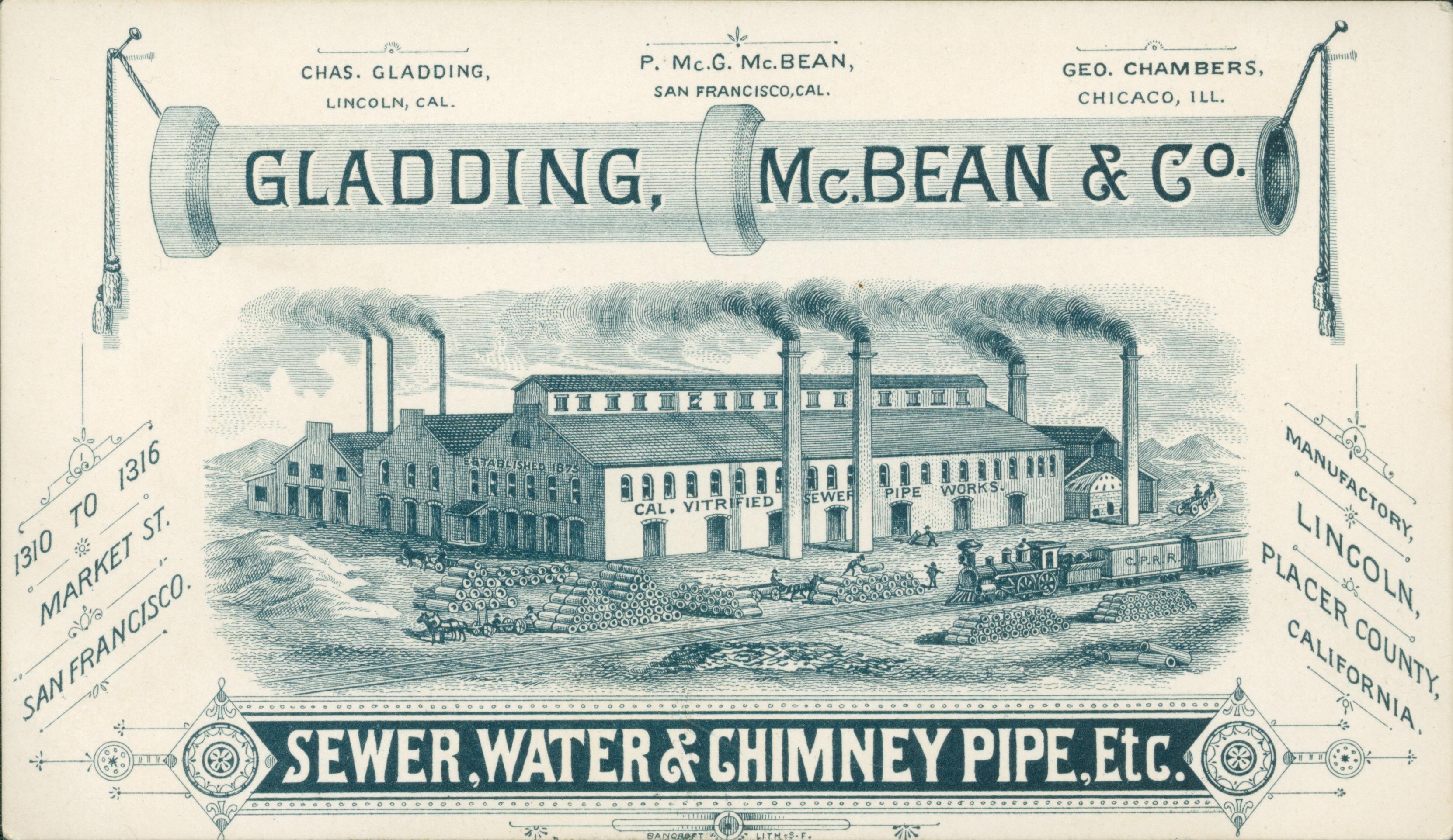 This trade card shows an engraving of the Gladding McBean plant in operation, with details about their locations framing the image.